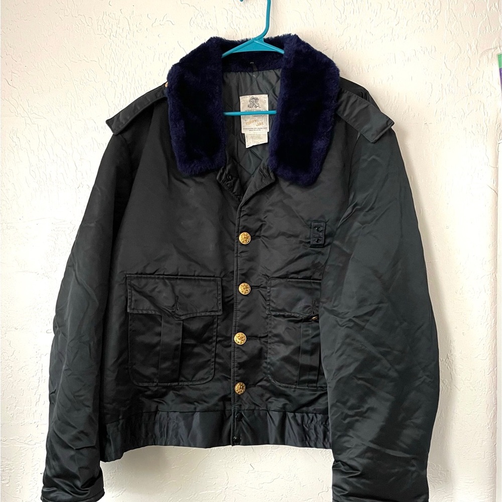Vintage 70s Police Bomber Black Jacket Fur Collar